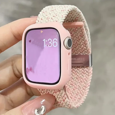 Polyamide Band with Silicone Case for Smartwatch, Compatible with iWatch Series 1-SE/9/8/7/6/5/4/3/2, Adjustable Breathable Woven Strap, Hollow Out Protective Cover, Unisex Accessories
