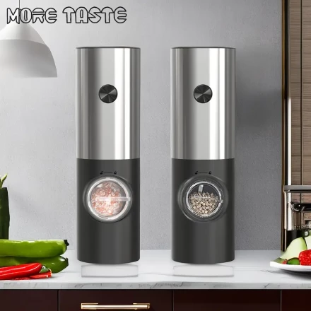 MORE TASTE 2pcs Electric Salt and Pepper Grinder Set, Salt and Pepper Shakers Refillable with Adjustable Coarseness, One Hand Operation with LED light, Stainless Steel