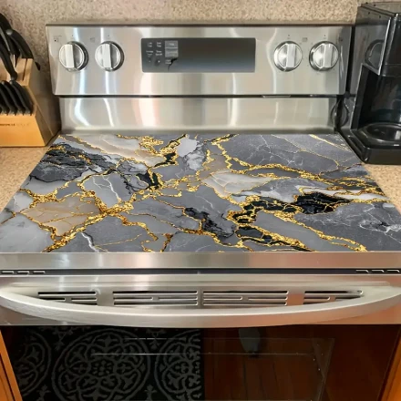 1pc Luxury Marble Texture Anti-Slip Stove Cover, 71.88x52.07cm, Heat & Scratch Resistant Synthetic Material - Elegant Gray & Golden Design for Modern Kitchens, Protects Flat Top Ovens, Machines, Dryers, Stove Top Protectors