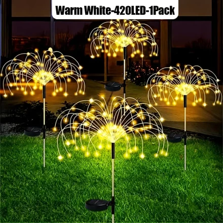 FACHOI Solar Fireworks Lights Feature 420 Leds Designed for Outdoor Use, Offering 8 Different Lighting Modes. These Solar-Powered Lights Are Made from Durable PC Material, Making Them Perfect for Yard Decoration And Holiday Camping. The 60 LED Outdoor Sol
