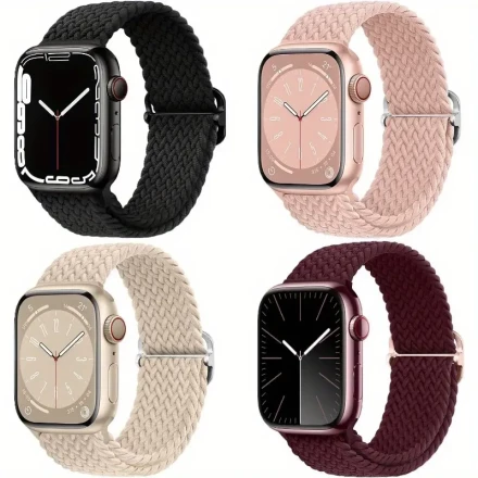 4pcs Braided Nylon Stretchy Solo Loop Bands for Apple Watch - Fits 38mm to 49mm, Compatible with Series SE/1/2/3/4/5/6/7/8/9 & Ultra Models - Elastic Wristbands
