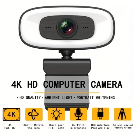 4K HD Webcam with Microphone and Fill Light, USB Conference Camera for Video Calls, Classroom, and Work - Auto Exposure Control, Fixed Focus, Voice Call, Video Network, Student