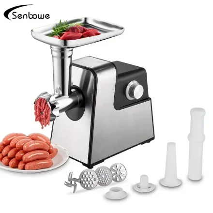 SENBOWE Electric Meat Grinder - Stainless Steel with 1 Blade, 3 Grinding Plates, Sausage & Kubbe Attachments, European Standard Plug, 220-240V Home Kitchen Appliance