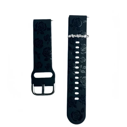 Floral Silicone Watch Band for Samsung Galaxy Watch 6/5/4 - Elegant Rose Design with Butterfly Clasp, Black & Gray Aesthetic Smartwatch Strap, Watch Accessories