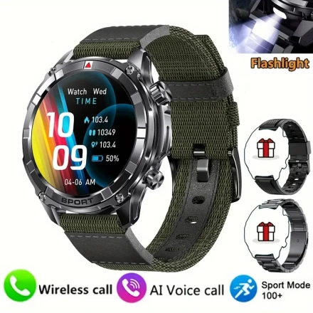 1pc Men'S Smartwatch with Call Function, Fitness Tracking, 100+ Sports Modes, Nylon Strap, LED Light, Compatible with iPhone & Android, Rechargeable 500mAh Battery,, RTL8763EWE Chip, IPS Screen, USB Charging, 360p Resolution, 3.86cm Display, Alloy Body, W