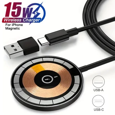 Magnetic Wireless Charger for iPhone 16/15/14/13/12 Pro Max, 15W USB-C Power Adapter, Compatible with AirPods, USB-A Connector, ≤36V Operating Voltage, No Battery Required