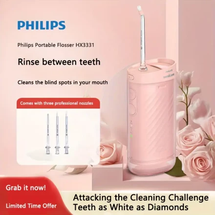 Philips HX3331 Portable Dental Flosser - USB Rechargeable, Deep Clean Teeth Irrigator with 3 Professional Nozzles, Pink, Ideal for Adult Oral Care