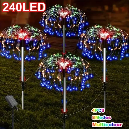 4pcs Solar Fireworks Lights - 320/240 LED, 8 Lighting Modes,, Perfect for Christmas & Halloween Decorations, Warm White/Multi-Color, Christmas Decor
