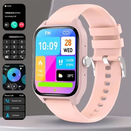 2025 Smartwatch - 4.65cm Square Display, Wireless Calls & Message Alerts, Calorie Tracker, Music Control, Sporty Black Silicone Band, USB Rechargeable, for Android & for iPhone, Smart Watch for Android Phones