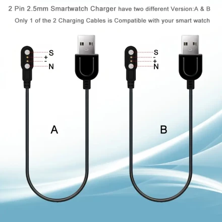 2pcs Magnetic USB Charging Cables for Smart Watches - 2.5mm Pin, Portable & Durable ABS Cord, Compatible with Fitness Trackers, Black (A+B Cables), Smart Watch Charger