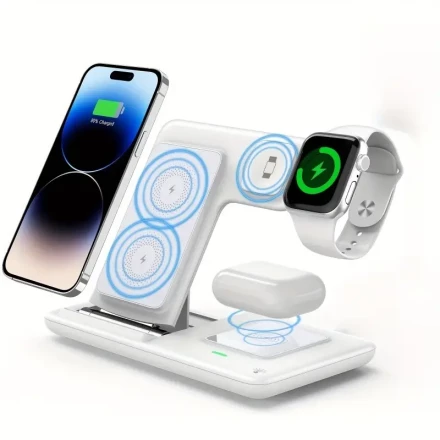 3-in-1 Foldable Wireless Charging Station for iPhone 15/14/13/12/11 Series, for iWatch (1-9), for Airpods (3/2/Pro) - USB Powered, Compact Design