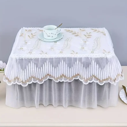 Elegant Lace Dust Cover for Microwave, Oven, and Printer - Fit, Polyester, Oil-Proof, Decorative White with Golden Embroidery, 35x50x30cm