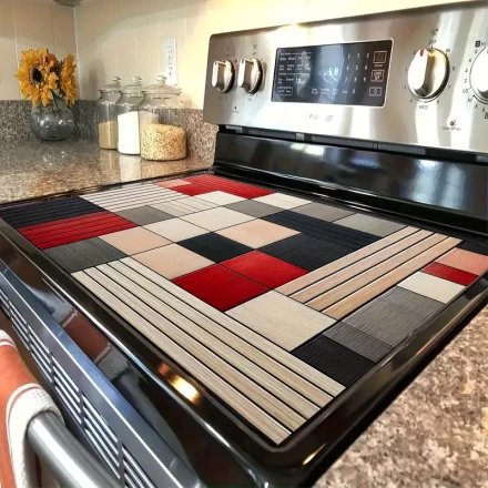 1pc, Stove Cover Mat, Modern Geometric Color Strip Design Stove Cover Mat, Polyester Anti Slip Stove And Desktop Protective Cover, Vibrant Kitchen Accessories, Home Decoration