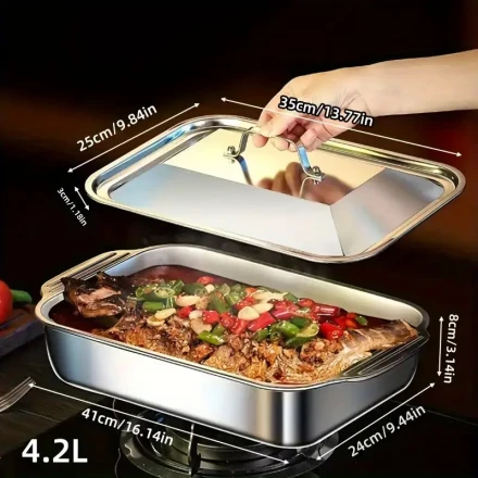 Stainless Steel Roasting Pan Set with Lids - Nonstick, Durable, Double-Handled Grill Plate, Multipurpose Baking Dish for Dessert, Bread, Seafood - Ideal for BBQs, Buffets & Holidays