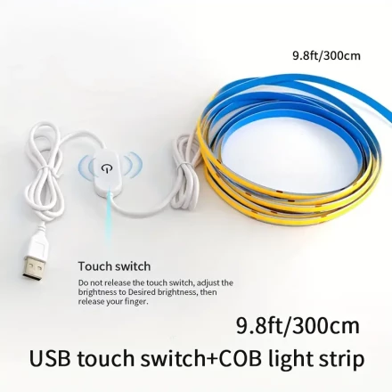 3.0meter COB Light Strip, 5V Power Supply, USB Interface Easy to Use, LED Very Bright, Back with Adhesive for Self-adhesive Installation, Touch Dimming Bright, Suitable for Indoor Lighting, Living Room, Bedroom, Wardrobe Background Wall, Kitchen, Garage, 