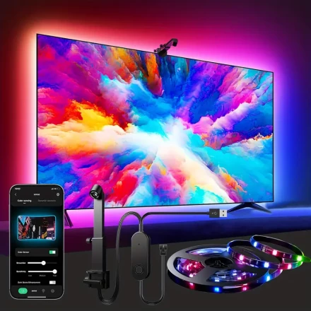 2-Pack LED TV Backlight with Camera, RGB+IC Sync, Music Control, App-Enabled, USB Powered, Built-in Mic, for 139.7-215.9 cm TVs, Indoor Use, Non-Waterproof, ≤36V