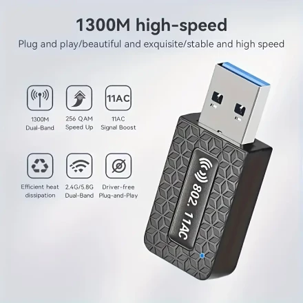 USB 1300Mbps Wireless Adapter, Wireless LAN Card Adapter, Desktop Laptop Wifi Dongle, Dual-Band 2.4G/5.8Ghz, Support 802.11Ax Wireless Protocol, 1300M Dual-Band Concurrently, 5.8Ghz Band Is More Pure, Less Interference, Watch HD Video, Game More Smooth; 2