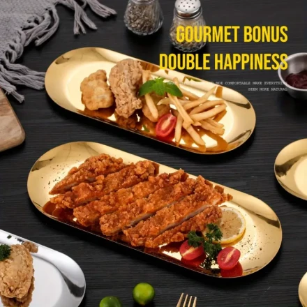 Stainless Steel Thickened Oval Platter, Golden Color, Non-Stick, Food Flat Shallow Plate, Long Tableware, BBQ Plate, Stackable, Easy Storage, Outdoor Plate for Hotel, Dessert, Hot Pot, Beef, BBQ