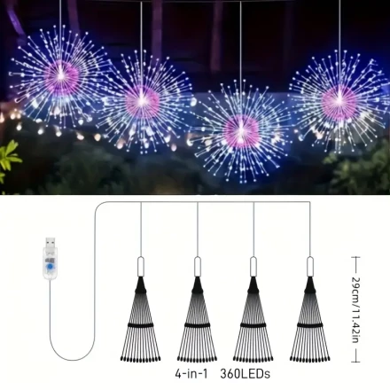AMill USB Firework Light String, 180/360 LEDs Hanging Fairy Lights, 8 Modes, Button Control, IPX-4 Water Resistant, with USB Port, for Party, Home, Porch, Patio, Christmas, New Year, Wedding Decor