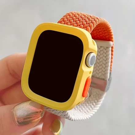 2pcs/set Men Women Cute Multicolor Woven Nylon Breathable Adjustable Watch Strap & Fashionable Hollow Out TPU Anti-fall Protector Watch Case, For Apple Watch Band 40/41/42/44/45/46/49mm, For Apple Watch Series Ultra/SE/10/9/8/7/6/5/4, Intelligent Watch Ac