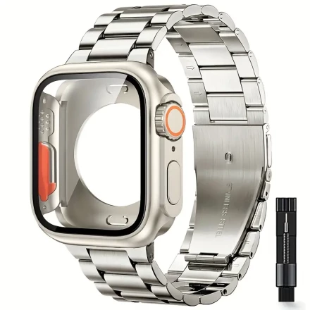 2in 1 iWatch+band Suitable for iWatch Strap 45mm 44mm Conversion Ultra Appearance 41mm 40mm Second Conversion 49mm Stainless Steel Strap+second generation protective Case Suitable for iWatch 9 8 7 6 5 4 SE Series Metal Chain Watch Strap+watch Protective C