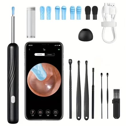 A 7pcs Ear Cleaning Kit Featuring a Camera, Light, And Six Ear Scoops Made of Lithium Battery, Metal, Plastic, And Silicone Structures. This Rechargeable Ear Scoop Is a Safe And Easy-To-Use Home Cleaning Tool with Visual Capabilities.