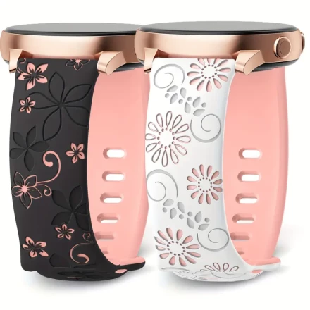 Floral Engraved Watch Strap for Samsung Galaxy Watch 6/5/4, Classic/Active 2, Galaxy Watch 3 - 20mm Soft Silicone, Female Design, Butterfly Clasp, No Battery Included