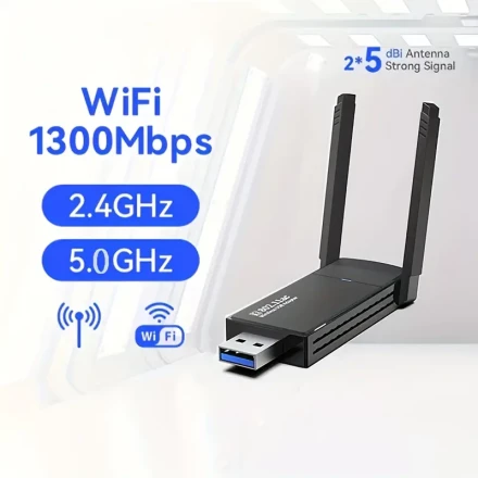 Wireless USB 1300Mbps Network Adapter for Desktop Computers, Featuring a Built-In High-Gain Dual-Band Antenna for 5G/2.4G. This Wireless Adapter Comes with Drivers And Is Compatible with Windows 10/11/8.1/7, Instantly Enabling Wifi And Mobile Hotspot Capa