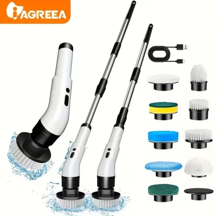 IAGREEA 3-Speed Cordless Electric Spin Scrubber with 6/9 Replaceable Brush Heads, Adjustable Telescopic Handle & USB-C Charging - Handheld Shower Cleaner for Tiles, Bathtubs, Sinks, Walls, and Bathrooms, Bathroom Brush Scrubber for Shower