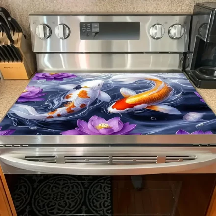 1pc Vibrant Koi and for Lotus Art Stove Mat – Non-Slip Polyester Kitchen Protector, Colorful Orange & White Koi Fish with Purple for Lotus Flowers, Stylish Home Decor for Stovetop or Countertop, Stove Top Protectors