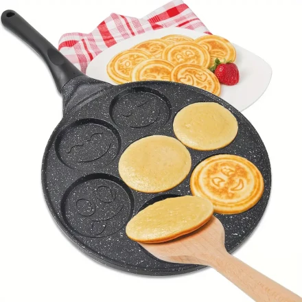 Easy-Clean Non-Stick Pancake Pan with 7 joyful Face Molds - Long Handle, Heat-Resistant Aluminum Alloy for Perfect Breakfasts