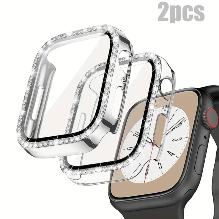 2pcs Women'S Shiny Diamond PC Watch Shell with HD Hardened Glass Screen Protector, for Apple Watch 40/41/42/44/45/46mm, 10/9/SE/8/7/6/5/4, Shockproof, Anti-Fall, All-Round Protection