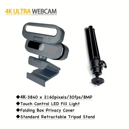 EXHQDR 4K Webcam with Privacy Cover, 8MP Zoom Lens, 30 fps, Auto Focus, USB Connectivity, 3-Level LED Fill Light, Built-in Digital Mic, Retractable Tripod Stand for Video Conferencing, Remote Learning, Gaming Streaming