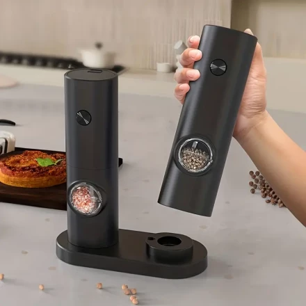 Electric Salt and Pepper Grinder Kit 2pcs, Adjustable Coarseness, LED Light with Storage Base Battery Powered, One-Hand Start, ABS Material, Kitchen Good, Friendly Gift