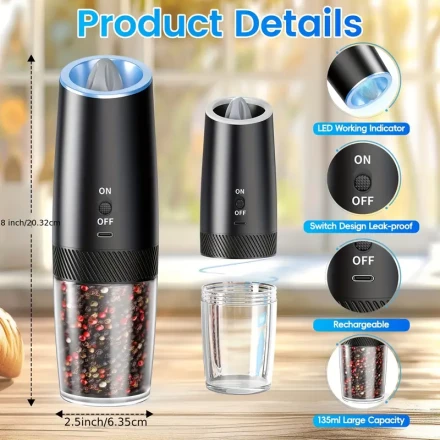 1pc Electric Salt and Pepper Grinder Set, Gravity-Induced Motorized Spice Mill with Adjustable Coarseness, LED Light, USB Rechargeable Lithium Battery, Portable Single-Handed Operation - Black