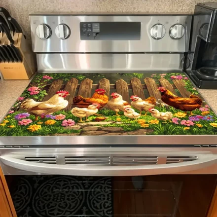 1pc Vibrant Chicken & Floral Stove Top Cover Mat - Colorful Polyester Anti-Slip Protector for Kitchen Countertops, Home Decor Accessory, Stove Top Protector | Playful Design | Polyester Cover, Stove Top Protector