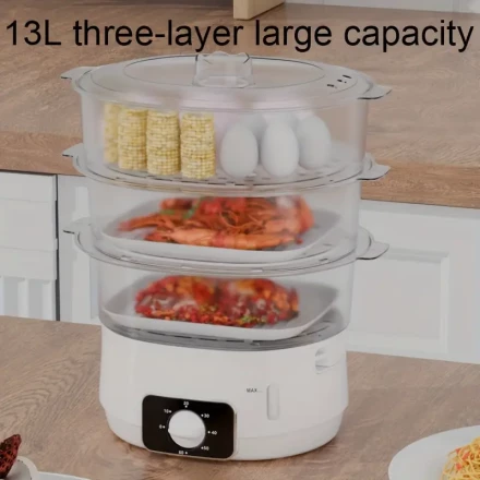 LIPWEL EU 3 Separated Tiers for Easy-Taking And Storage 13L Capacity Transparent Pot And Lid with Detachable And Free Combination Pot 800w Energy Saving Water Level Indicator, 60 Minute Timer, Fast & Easy Dinner Make Fish, Red Meat Steamer Home Use, LIPWE