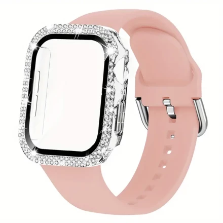 2-Pack Diamond Apple Watch Bands and Case Set, Compatible with iWatch Series 10/9/Ultra/SE/8/7/6/5/4, 46/45/44/42/41/40mm, Hard PC Material, Soft Silicone Sport Wristband with Classic Clasp, Replacement Strap for Men & Women