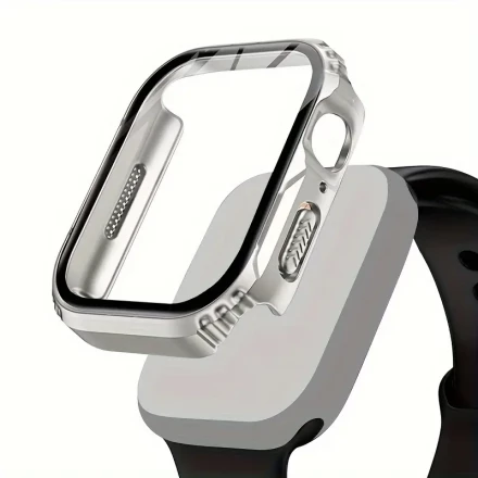 Rugged Cover for iWatch Series 9 8 7 41mm 45mm, Tempered Glass Screen Protector Case, Hard PC Bumper Protective Cover for Women Men, Waterproof iWatch 40mm 44mm 5 6 4 SE Cover Accessories, Clear/Silvery/Rose Golden/Black