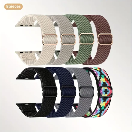8pcs Soft Nylon Stretch Watch Bands for iWatch Ultra & SE - Waterproof, Elastic Woven Single Loop in White, Pink, Black, Brown, Gray, Purple | Adjustable Buckle Fit for 38mm-46mm Models