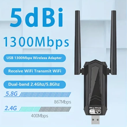 Wireless USB 1300Mbps 5Dbi PC Wifi Adapter with Built-In High-Gain Dual-Band Antenna for 5.8G/2.4G Desktop Computers, Compatible with Windows 7/8.1/10/11 Plug And Play, Instantly Enabling Your Computer with Wifi And Mobile Hotspot Capabilities!