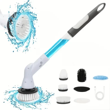 Multi-Functional Electric Spin Scrubber with 6 Replaceable Brush Heads - USB Rechargeable, Cordless Tile, Grout, and Carpet Cleaner, 2000mAh Lithium Battery-Powered, Upholstery and Bathroom Cleaning Machine with Detachable Head and Built-in Liquid Dispens