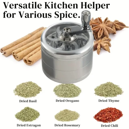 1pc 4-Layer Manual Spice Grinder, Round Metal Herb Crusher with Handle, Safe for Spices and Herbs, Uncharged Kitchen Gadget for Dried Foods - No Battery Required