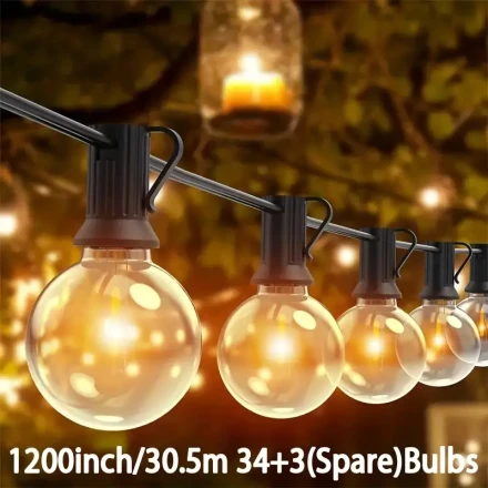 Outdoor Solar G40 String Lights Measuring 30.48/18.29/12.19/9.14/6.1meter, Featuring a Remote Control with 8 Modes. These Solar-Powered LED String Lights Come with 34+3 Shatterproof Bulbs And Are Dimmable, Making Them Perfect for Patios, Yards, Gardens, D