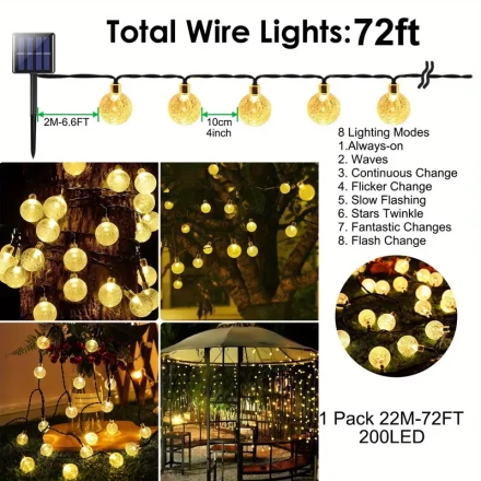 Outdoor Solar String Lights Featuring 20/100/200 LED Crystal Globes, Equipped with 8 Lighting Modes, Perfect for Decorating Your Garden, Patio, Balcony, Or for Events Like Halloween And Christmas.