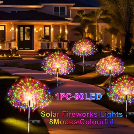 Solar Firework Lights Outdoor, Solar-Powered Garden Stake Lamp, 8 Flashing Modes, 2 Color Options, with Solar Battery, Non-Removable Photovoltaic, ≤36V Operating Voltage for Christmas, Pathway, Yard, Patio Decor