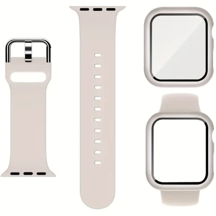 2pcs/set Men Women Cute Soft Silicone Sport Watch Strap Comfortable Adjustable Waterproof Wristband & 2in 1 Screen Protector Ultra-Thin Tempered Film Watch Case, for Apple Watch Band 38/40/41/42/44/45/46/49mm, for Apple Watch Series Ultra/SE/10/9/8/7/6/5/