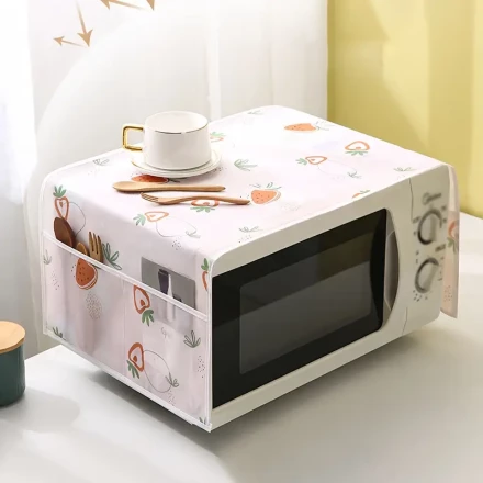 1pc Strawberry & Heart Pattern PVC Microwave Dust Cover - Waterproof & Oil-Proof, Pink and White with Pocket Detail, Home Appliance Protector, Microwave Cover