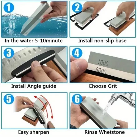 Professional Knife Sharpening Set, 2-Stage Whetstone Sharpeners with Bamboo Base, Wooden Handle Guide, Anti-Slip Design, with Manual Uncharged Sharpening System for Kitchen Knives