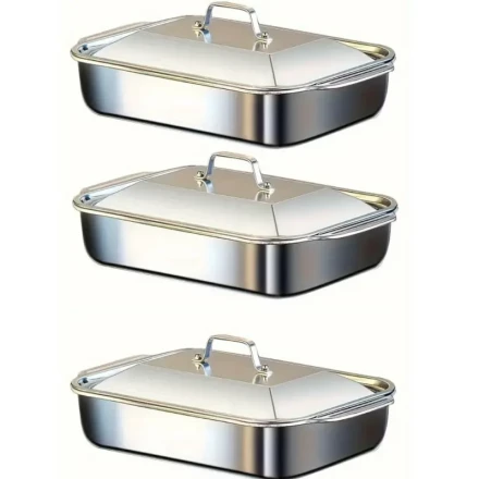 3 Covered Stainless Steel Baking Trays, Heavy-Duty Non-Stick Rectangular Baking Trays for Baking, Barbecues, Buffets And Battery-Free Dining Events